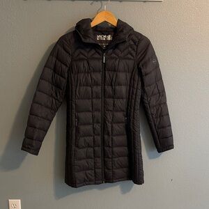 Michael Kors Charcoal Grey Quilted Long Puffer Jacket with Hood